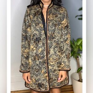 Coldwater Creek Jacquard Jacket Womens Large Gold Blk Open Duster Tapestry Coat